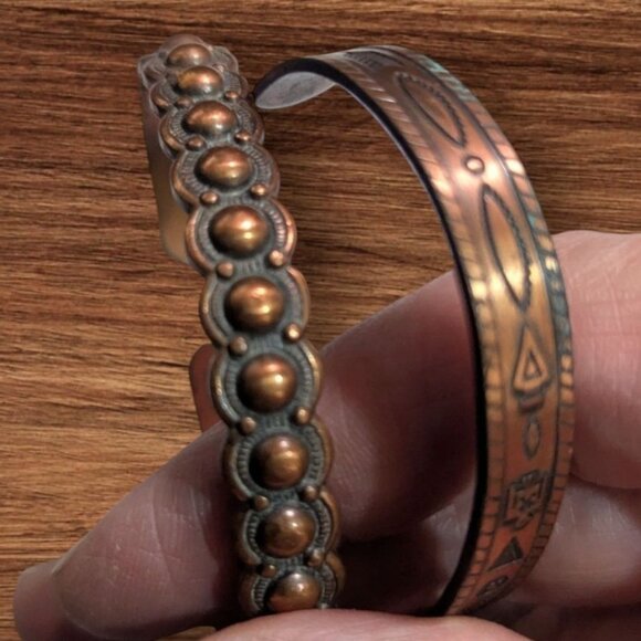 Solid Copper Vintage Cuff Bracelets Set Of 2 With Embossed Tribal & Scalloped De - Picture 2 of 8